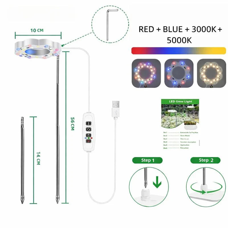 Potted Plants LED Grow Light - 5V | Full Spectrum | Auto On/Off Timer | Dimmable Brightness | Height Adjustable | Stake / Desk Base | Halo Plant Lamp for Indoor Plants Growing | USB Plug | 1 / 2 Pack