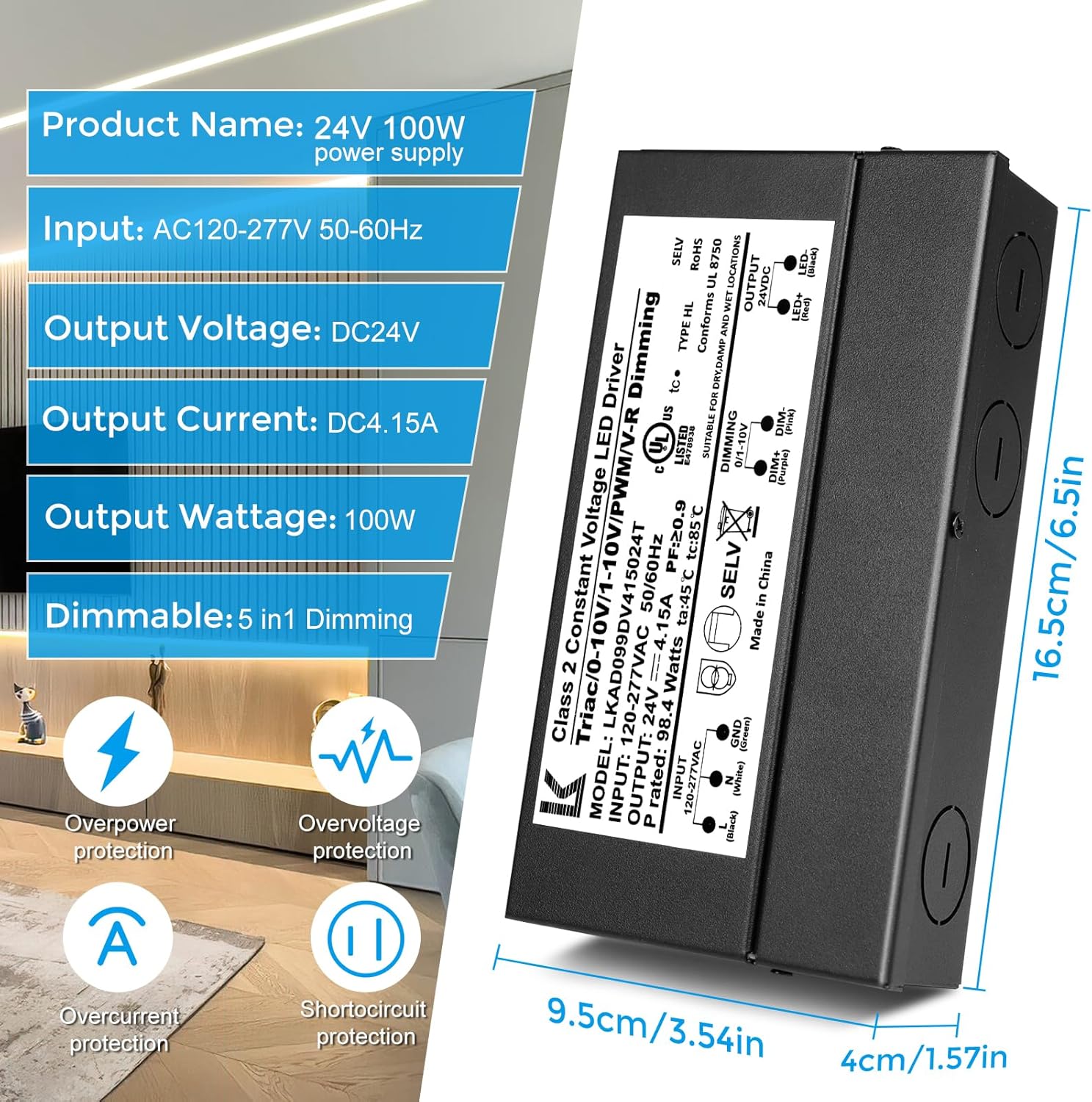 24V DC 5-in-1 Dimmable LED Power Supply – 60W / 100W / 200W UL Listed Waterproof LED Driver, AC 120–277V Input, Compatible with Triac / ELV / 0-10V / PWM / Resistive Dimming