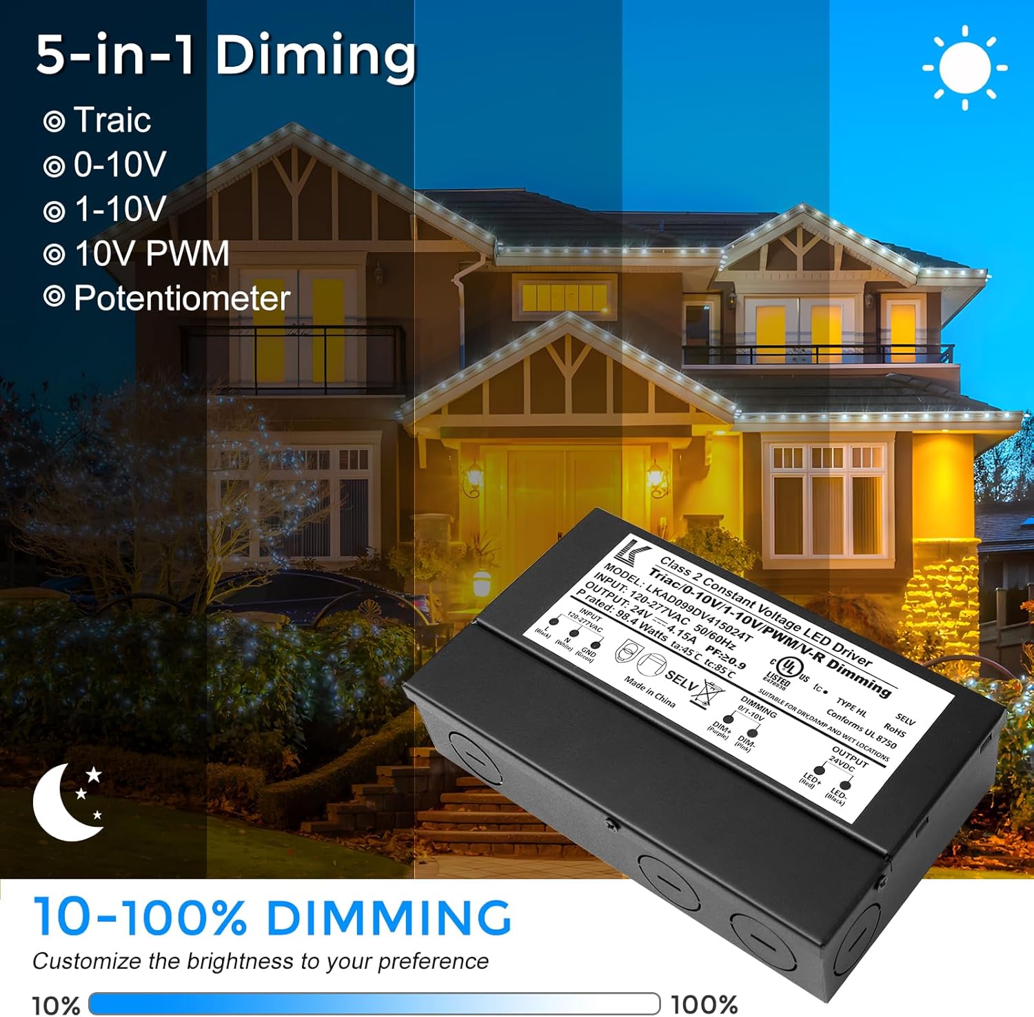 24V DC 5-in-1 Dimmable LED Power Supply – 60W / 100W / 200W UL Listed Waterproof LED Driver, AC 120–277V Input, Compatible with Triac / ELV / 0-10V / PWM / Resistive Dimming