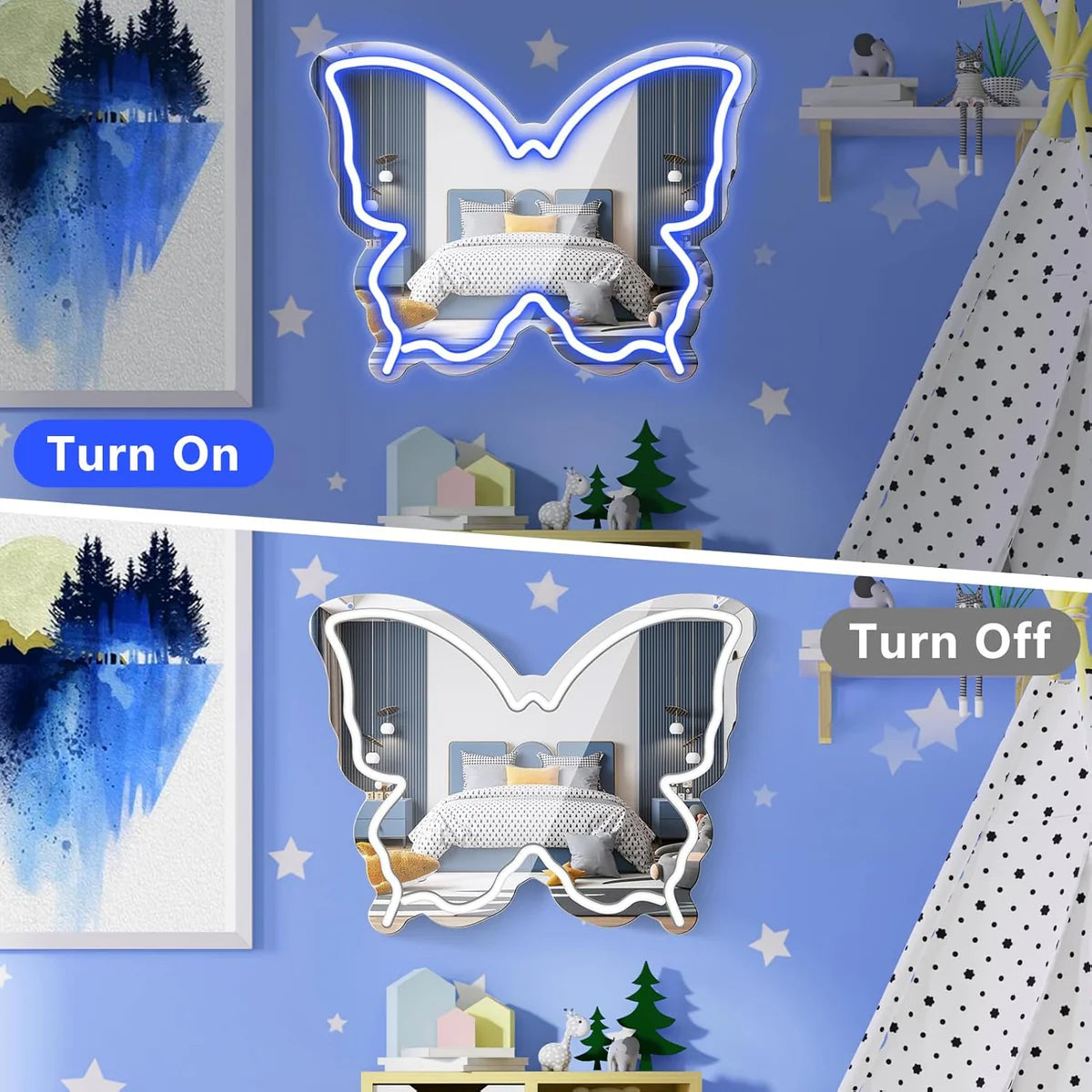Butterfly Mirror Vanity Sign – Blue/Ice Blue/Pink/Purple/Warm White Neon Outline | 15.7×12 inch | USB Powered | Perfect for Vanity Decor