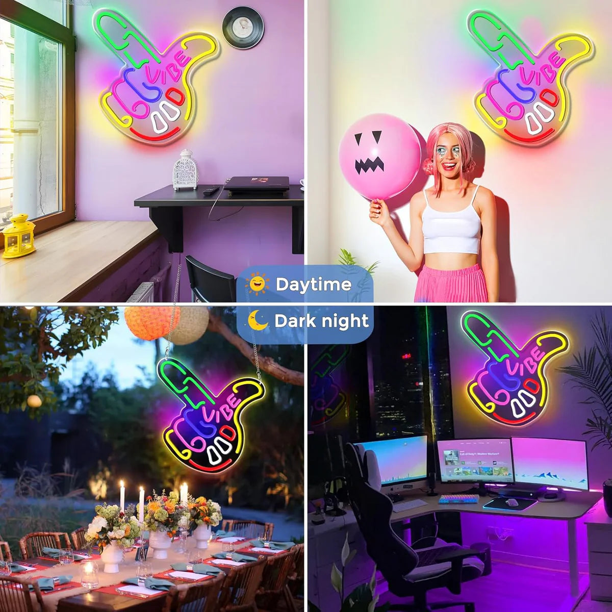LED Neon Signs – Cool Hand Sign | 14×13 Inch | USB Neon Light for Wall Decor | Hanging | Ideal for Bedroom, Dorm, Lounge, Party