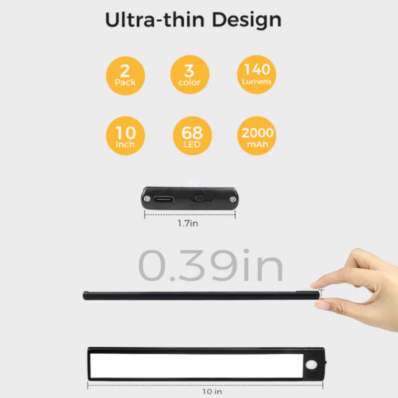 LightingWill Rechargeable Under Cabinet Light 2 Pack 10” / 12.7”, 3CCT 3000K/4000K/6000K LED Cabinet Light, Motion Sensor and Touch Dimming, Slim Magnetic Design, Black Finish