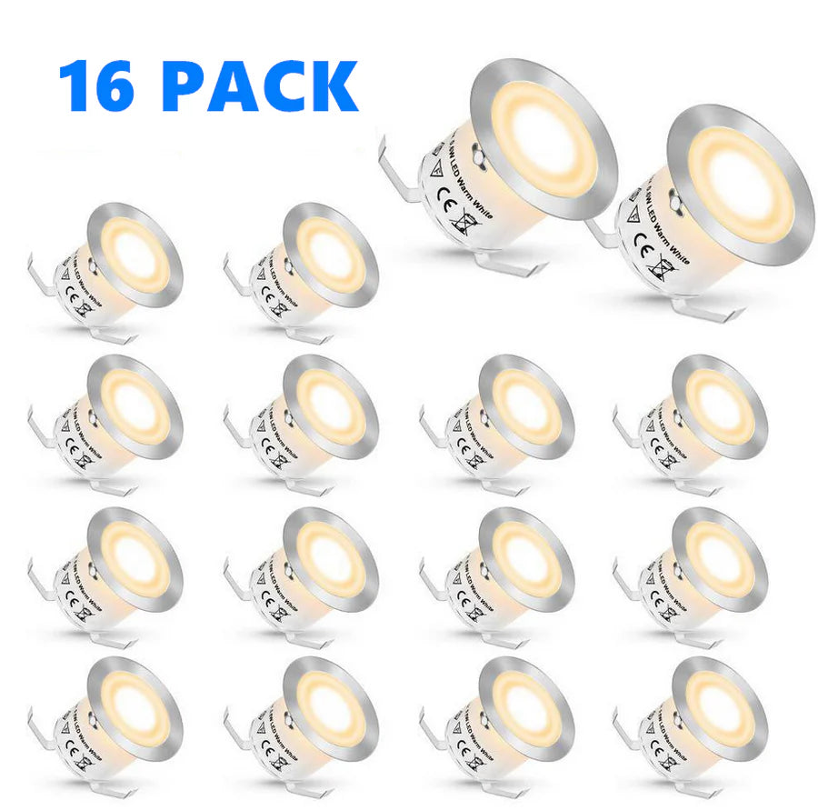 16-Pack Recessed LED Deck Lights – 0.6W Each | Warm White / Natural White | AC100–265V Input with Power Adapter | US / EU / UK / AU Plug Options | IP67 Waterproof Inground Step Lights Kit for Deck, Garden, Yard, Stairs & Pathway Lighting