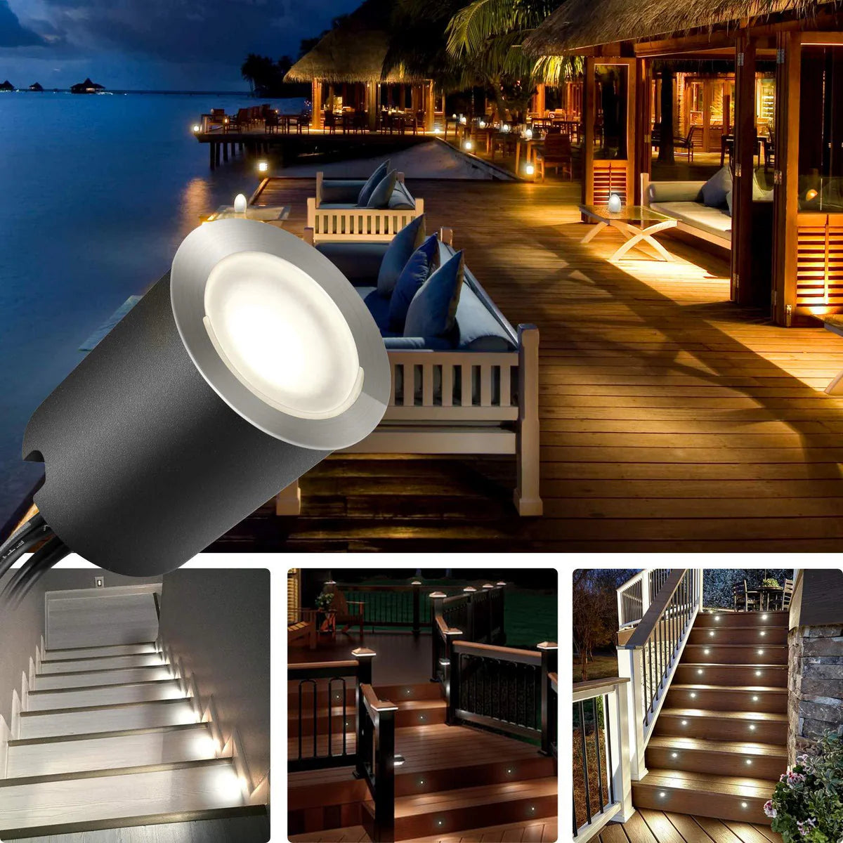 10/16-Pack Recessed LED Deck Lights – 0.6W Each | Warm White / Natural White | AC100–265V Input with Power Adapter | US / EU / UK / AU Plug Options | IP67 Waterproof Inground Step Lights Kit for Deck, Garden, Yard, Stairs & Pathway Lighting