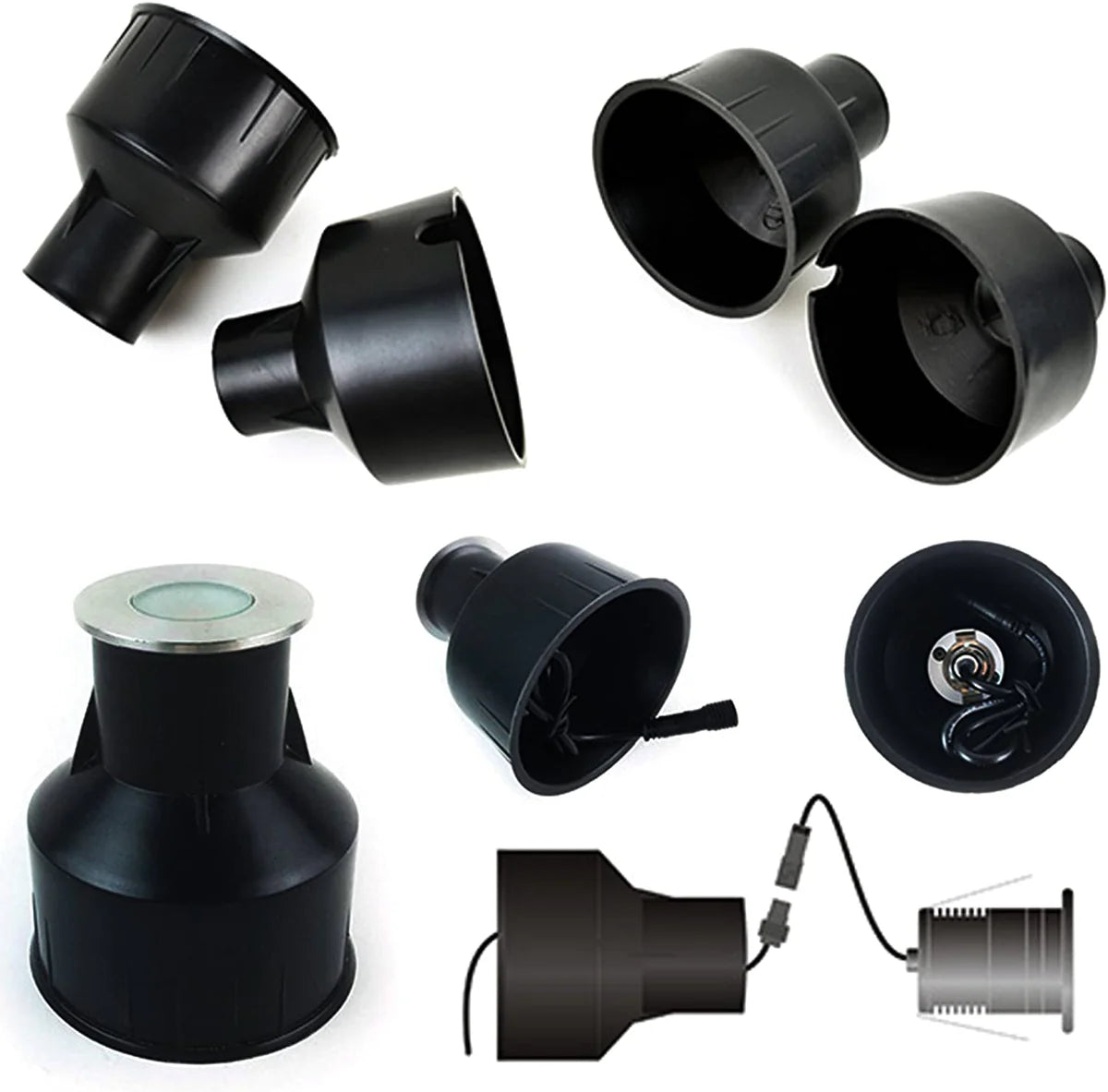 4pcs Pack Embedded Parts, Plastic Horn Shape, Black Built-in Fitting | Waterproof Outdoor/Indoor Pre-embedded Inserts | for LED Inground/Step Stair/Underwater Swimming Pool Lights