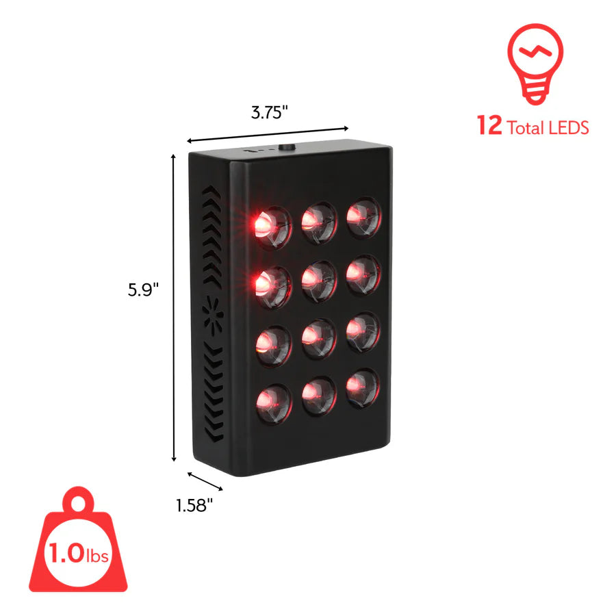MINI60 Rechargeable Red & Near Infrared Therapy Light – Dual Chip | 12 LEDs | Portable Handheld Design | USB Powered | Black / White | for Skin Care & Muscle Relief