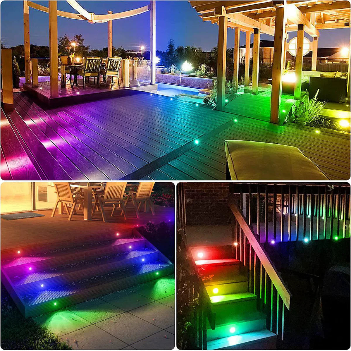 10-Pack RGB Recessed LED Deck Lights – AC100–265V Input with Power Adapter | Remote Control | US / EU / UK / AU Plug Options | IP67 Waterproof Inground Step Lights Kit for Deck, Garden, Yard, Stairs & Pathway Lighting