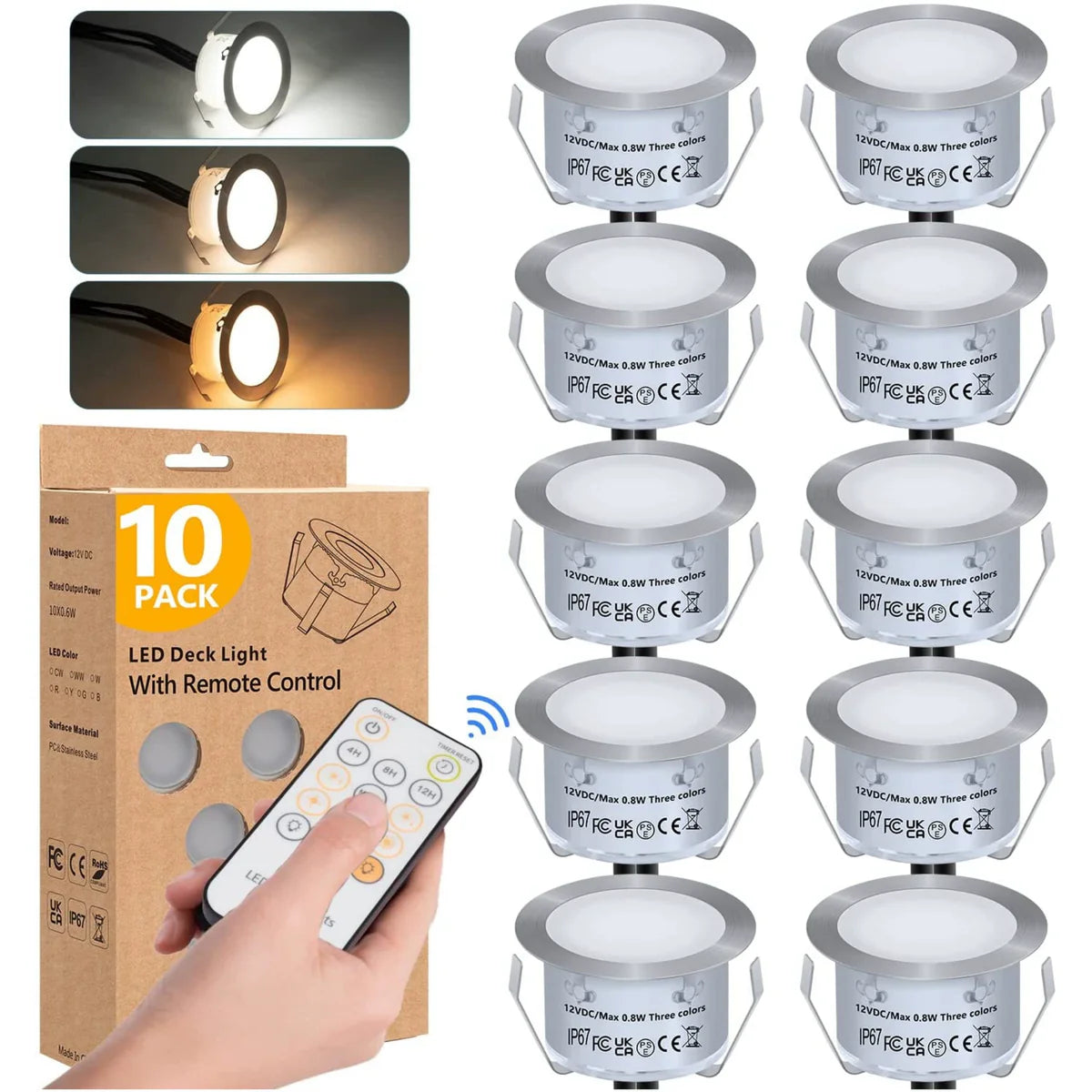 10-Pack Recessed LED Deck Lights – 0.8W Each | 3CCT Selectable 3000K / 4000K / 6000K | Remote Control Color Temperature Switching | AC100–265V Input with Power Adapter | US / EU / UK / AU Plug Options | IP67 Waterproof Inground Step Lights Kit