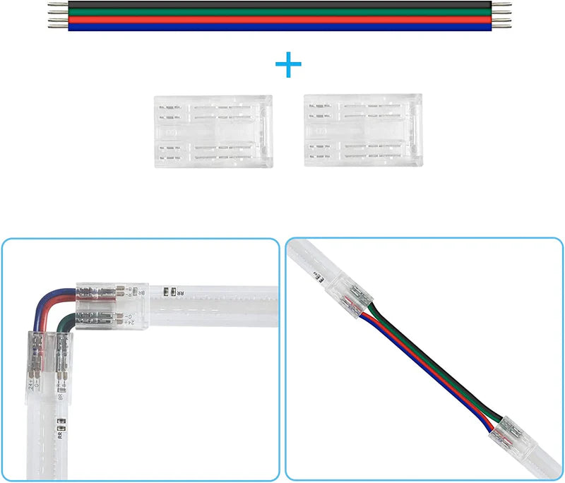 LightingWill LED Strip Connector 10mm 4Pin Transparent Solderless Clips, LED Light Strip Connector Strip to Wire Strip to Strip Female Plug Connector for RGB Strip, Bulk 500pcs MOQ Factory Direct