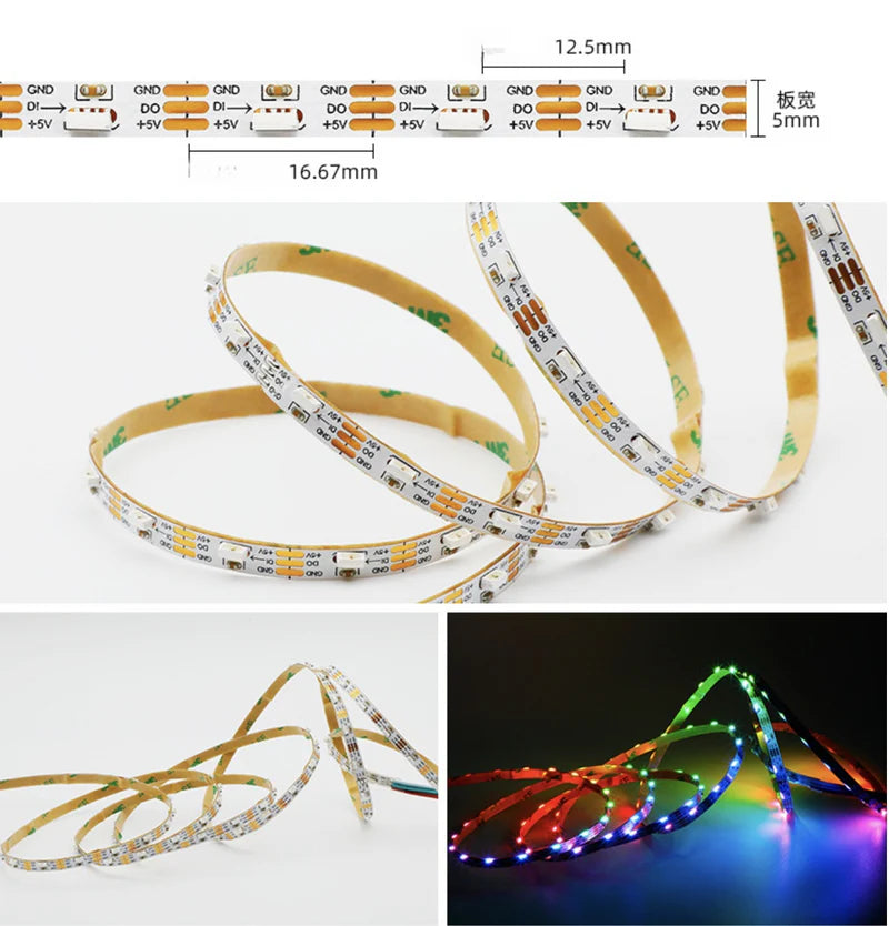 LightingWill WS2812 Side Emitting RGBIC LED Strip Light DC5V 12V 5mm PCB SMD4040 Individually Addressable 60 LEDs/m Non Waterproof Flowing LED Strip for Party Decoration DIY Lighting 5M 50M