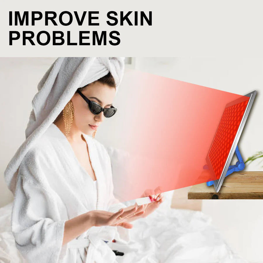 50W Infrared Therapy Lamp – Red Light 655–665nm & IR 850–860nm | Dimmable Timer | AC100–240V | Aluminum Alloy + PC Cover | Blue / Desktop Stand | for Skin Care & Muscle Relief | Controller & Goggles Included | US / EU / UK / AU Plug