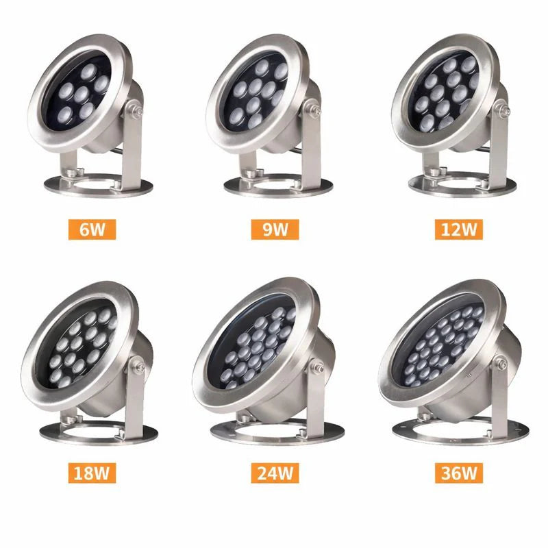 6W / 9W / 12W / 18W / 24W LED Underwater Spotlight – DC 12V / 24V Low Voltage | 6W / 9W / 12W / 18W / 24W | Adjustable Stainless Steel Submersible Light | IP68 Waterproof | RGB & Single Color Options for Pool, Fountain & Landscape Lighting |4 / 10Pack