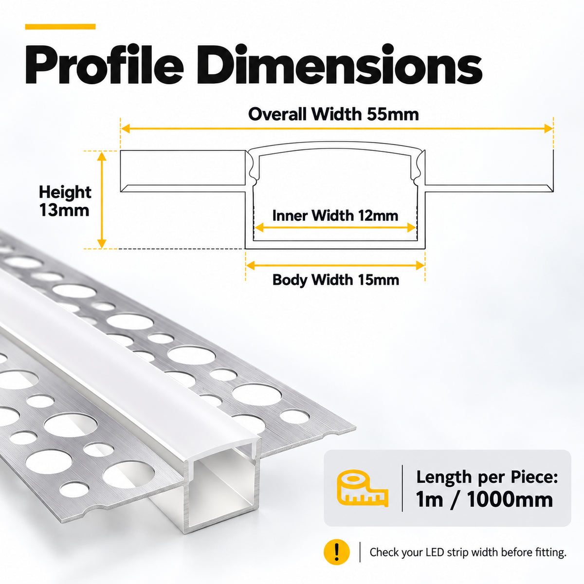 Silver TX-288 Double-Sided LED Aluminum Channel for Plaster-In Drywall, Fits LED Strips Up to 12mm Wide, with Milky White Diffuser
