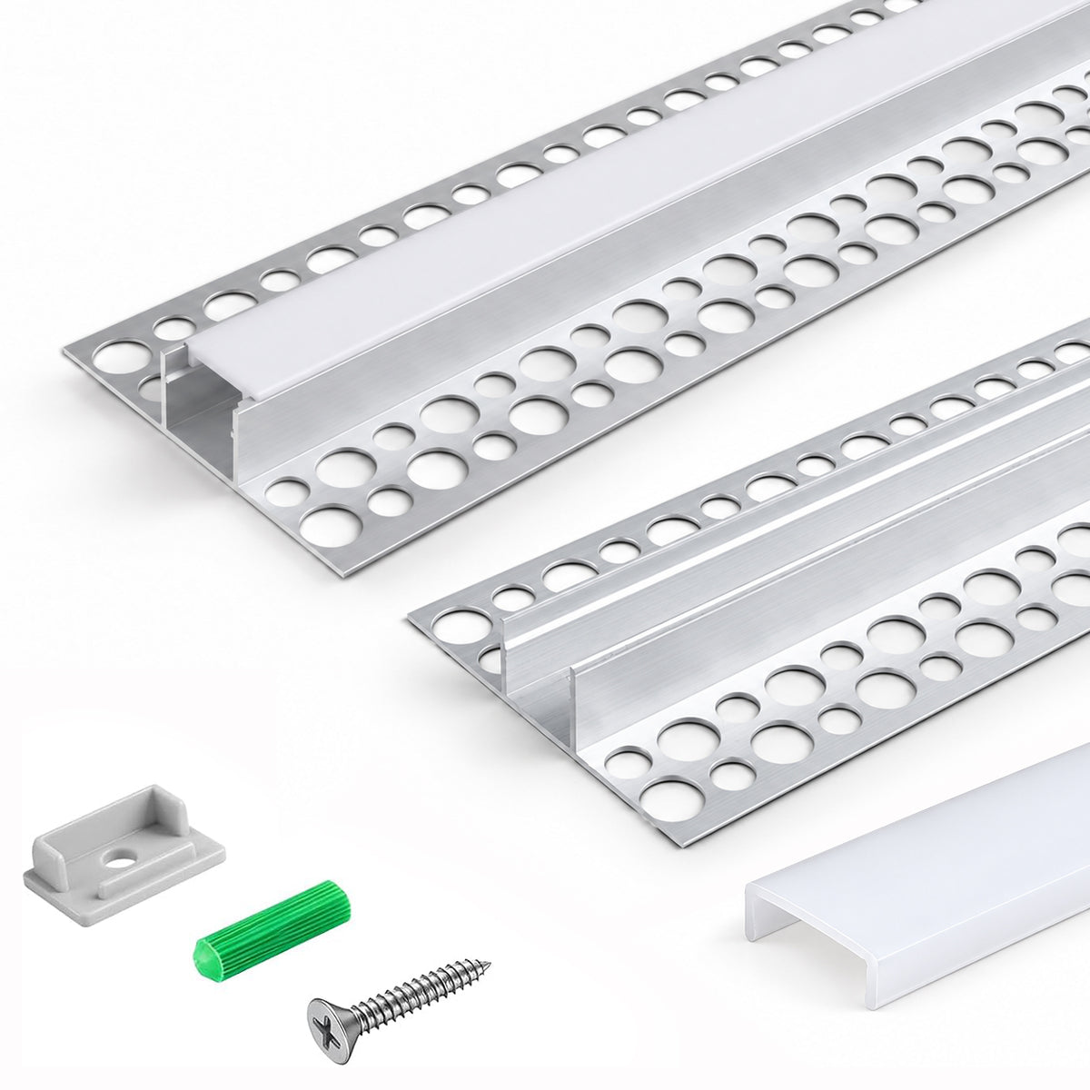 Silver TX-289 Double-Sided LED Aluminum Channel for Plaster-In Drywall, Fits LED Strips Up to 12mm Wide, with Milky White Diffuser