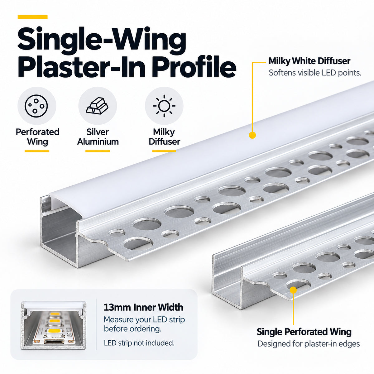 Silver TX-291 One-Sided LED Aluminum Channel for Plaster-In Drywall, Fits LED Strips Up to 13mm Wide, with Milky White Diffuser