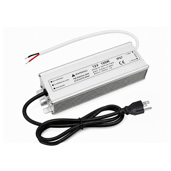 100W 12V/24V Waterproof LED Power Supply, 90-265V Input, Single Output, Aluminum Housing, Outdoor LED Lighting Driver, CE/RoHS/FCC Certified, US/UK/EU Plug