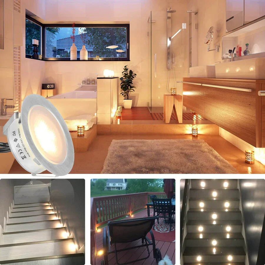 6 Pack Recessed LED Deck Lights – Warm Natural 1.5W Each AC100–265V Input Power Adapter US EU UK AU Plug Options IP67 Waterproof Inground Step Lights Kit Deck Garden Yard Stairs & Pathway Lighting