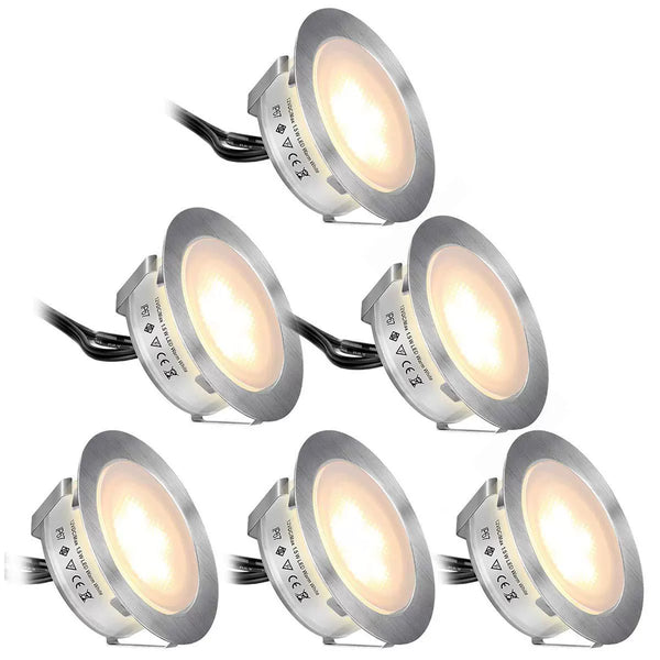 6-Pack Recessed LED Deck Lights – Warm White / Natural White | 1.5W Each | AC100–265V Input with Power Adapter | US / EU / UK / AU Plug Options | IP67 Waterproof Inground Step Lights Kit for Deck, Garden, Yard, Stairs & Pathway Lighting