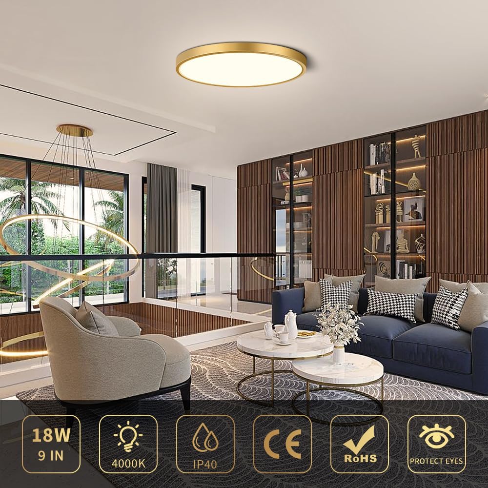 AC 110–130V Round Gold LED Ceiling Light, 18W / 24W / 32W Options 3000K / 4500K / 5000K / 6500K Flush Mount Ceiling Light Local Stock (US)