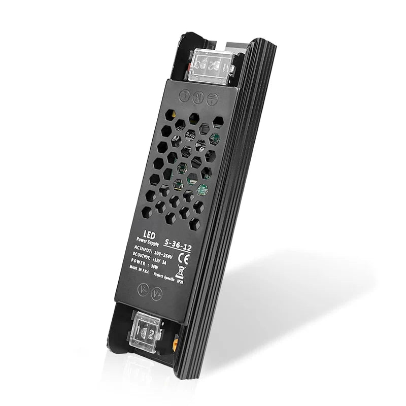Slim DC 12V 24V 36W–200W Switching Power Supply AC 110–250V Input Narrow Type LED Transformer Compact Metal Housing CE FCC RoHS Certified