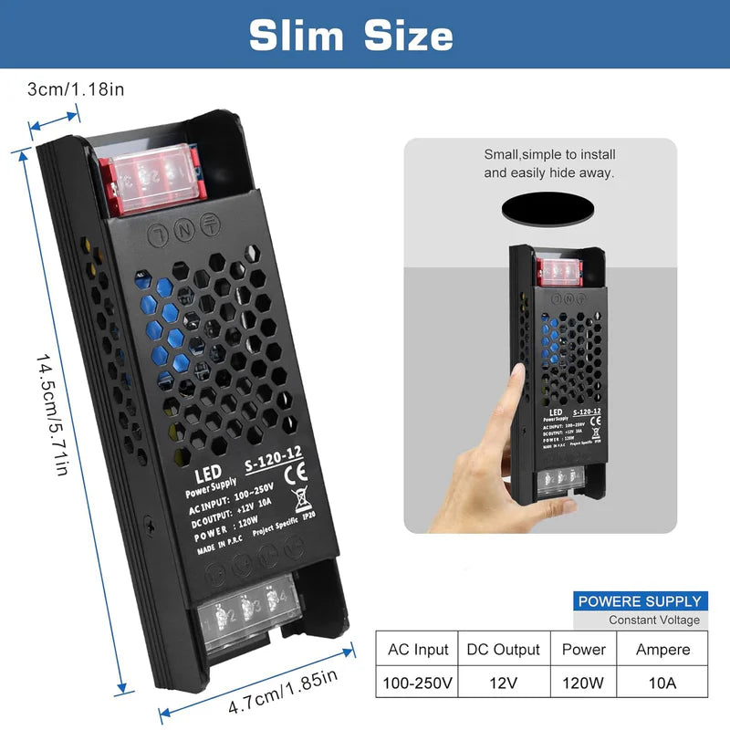 Slim Black DC 12V/24V 36W–200W Switching Power Supply, AC 110–250V Input, Narrow Type LED Transformer, Compact Metal Housing, CE/FCC/RoHS Certified