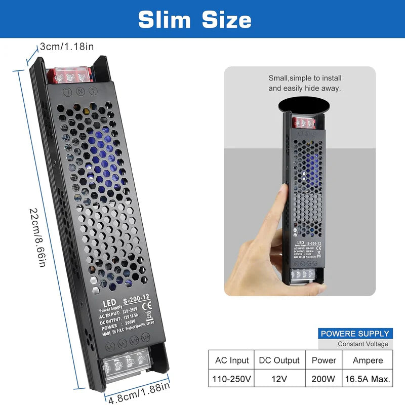 Slim Black DC 12V/24V 36W–200W Switching Power Supply, AC 110–250V Input, Narrow Type LED Transformer, Compact Metal Housing, CE/FCC/RoHS Certified