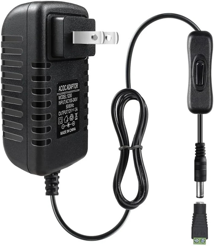 Power Supply Adapter DC 12V with On/Off Switch, 12W–36W Options, AC 100–240V Wall Plug Charger with US Plug, Black/White Housing for LED Strip Lights, Electronics
