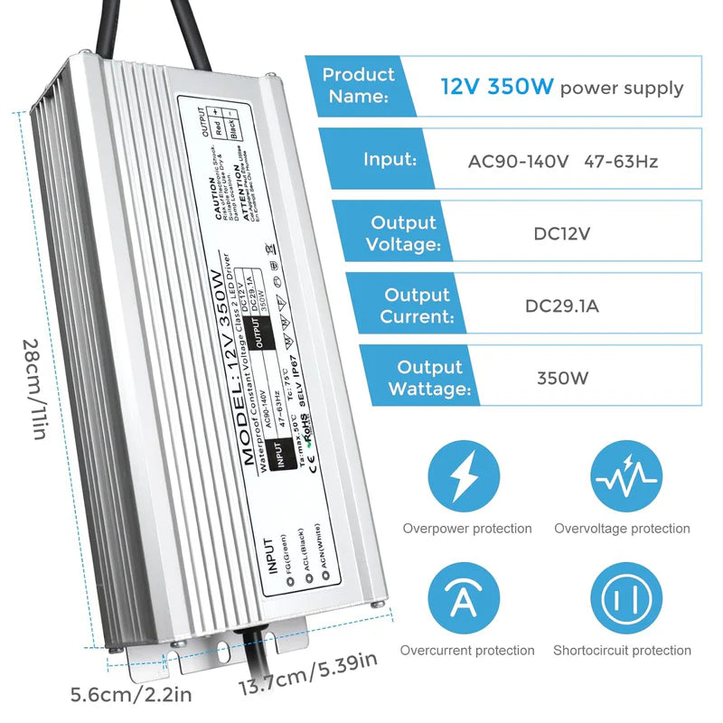 12V Waterproof LED Transformer, 200W–500W Outdoor LED Driver, 90–140V AC Input, Single or Dual Wire Output, CE/RoHS/FCC Certified, US Plug & Wire Lead Options