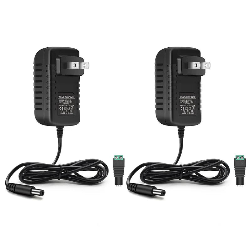 Power Supply Adapter DC 12V 12W–24W, AC 100–240V Wall Plug Transformer with US/UK Plug, Black Case LED Driver for LED Strip Lights, CCTV, Electronics