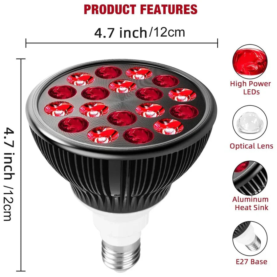 54W PAR38 Infrared Therapy LED Bulb – Dual Chip 660nm & Near Infrared 850nm E26 E27 Base Without Desktop Clamp Plug Design Skin Care & Muscle Joint Relief US EU Plug
