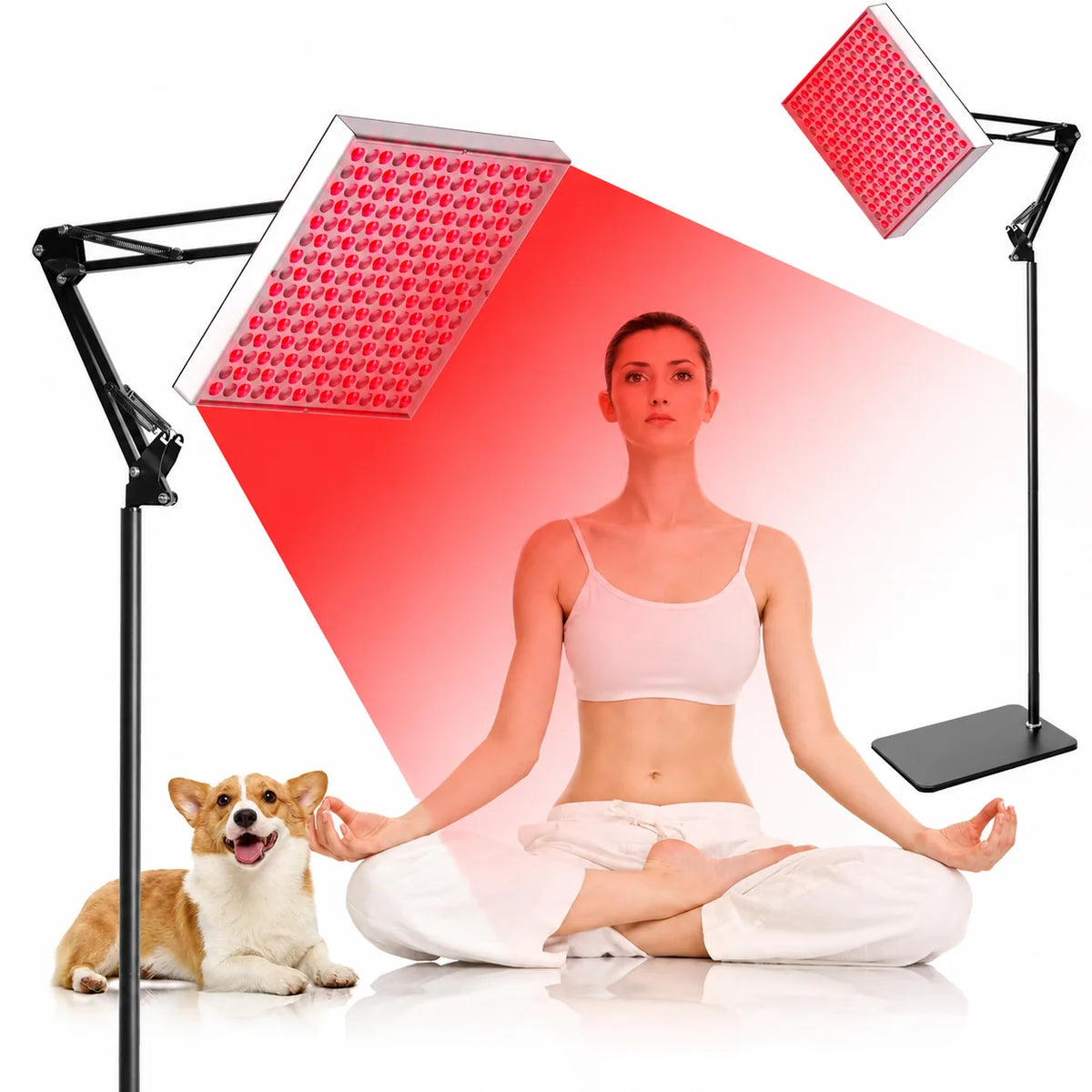 45W Floor Standing Infrared Therapy Lamp – Light 655–665nm & IR 850–860nm Dimmable Timer AC100–240V Aluminum Alloy + PC Cover Floor Stand Included Skin Care & Muscle Joint Relief US EU Plug