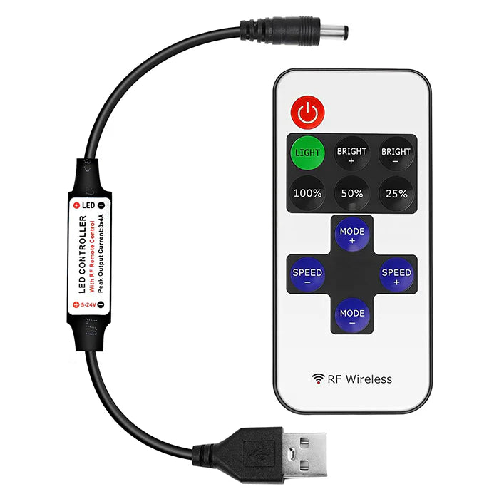 LightingWill LED Strip Controller DC5V-24V RF Remote Dimmer Black Wireless LED Controller for Single Color 5050 3528 LED Strips