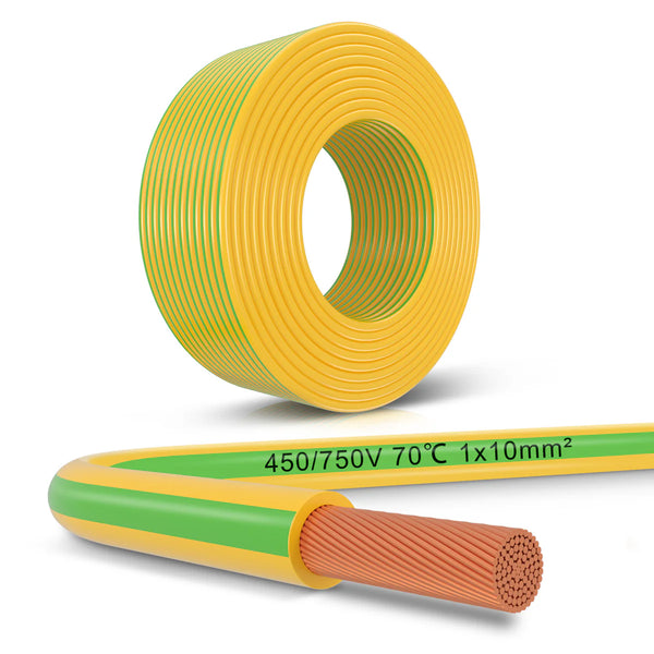 10mm² Electrical Earth Wire 10m–30m, Heavy Duty Wiring for Grounding, Power and Industrial Installations, Flexible Green-Yellow Ground Cable PVC Insulated