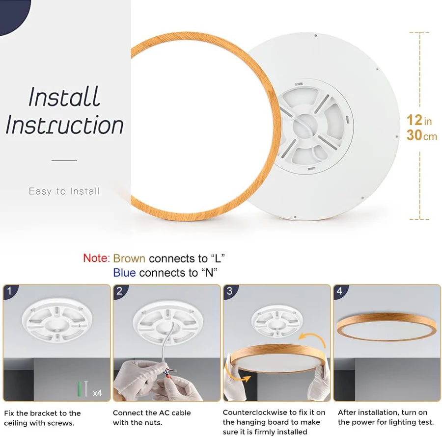 12 Inch 24W Wood Grain Round Ceiling Light – AC 220–240V | 3000K / 4500K / 5000K / 6500K | Flush Mount Ceiling Light for Warm Natural Lighting | 1-Pack – Local Stock (UK/DE)