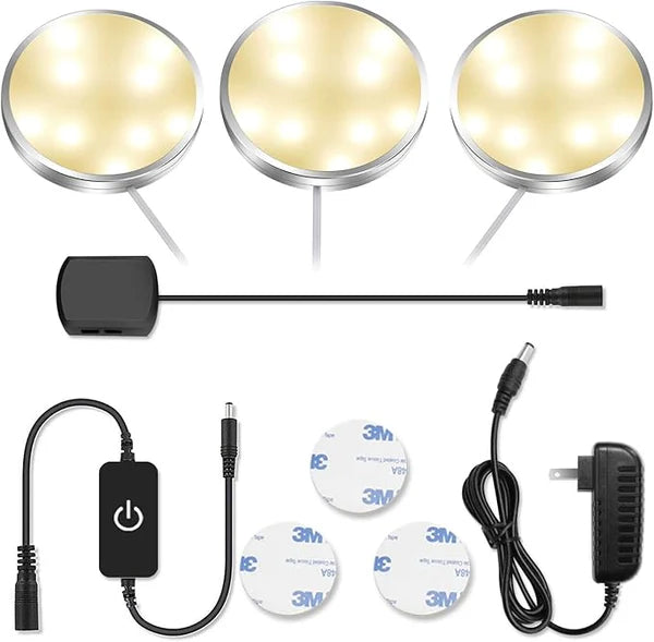 LightingWill LED Puck Cabinet Lights 3/6 Pack 12V Adapter, Touch Dimmable Under Cabinet Lights, Warm White / Daylight White, Silver Finish, Adhesive Mount for Kitchen and Cabinets, US / UK Plug