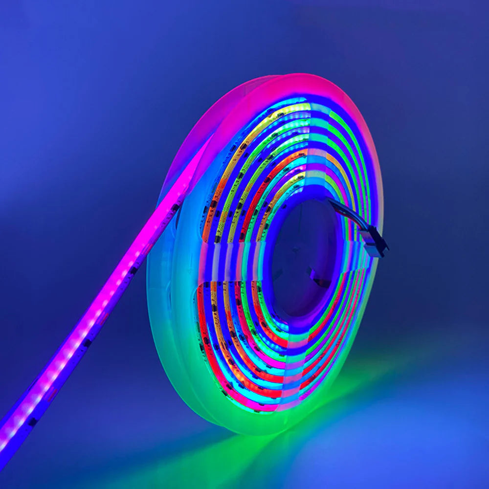 RGBIC Addressable COB LED Strip Light 12V/24V 576/720LEDs/M, 10mm Flexible Dot-Free LED Tape, Non-Waterproof, Dream Color SP for Cabinet Kitchen & Office Lighting, 5M/10M Pack / Complete Kit