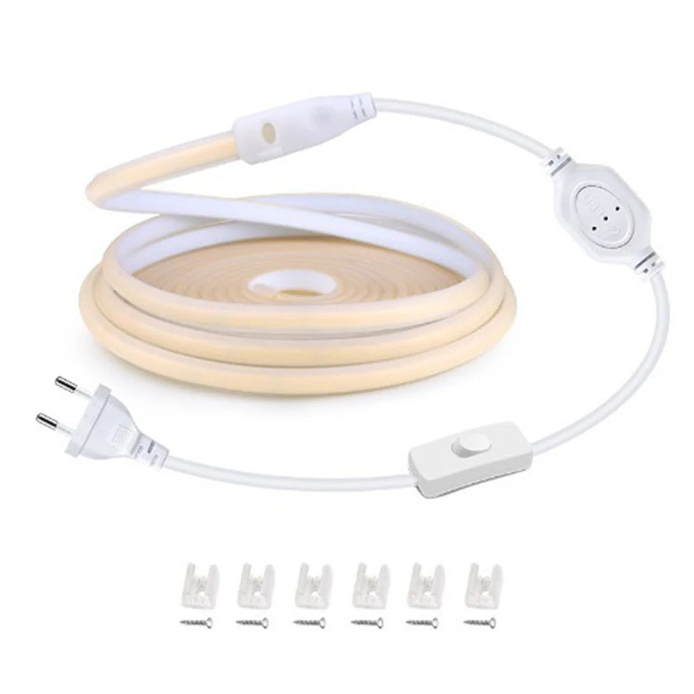 AC110V / 220V COB LED Strip Light 3000K / 6500K, IP65 Waterproof Spotless High Brightness Inline Power Switch for Cabinet Kitchen & Office Lighting, US / EU Plug, 5M/10M Pack