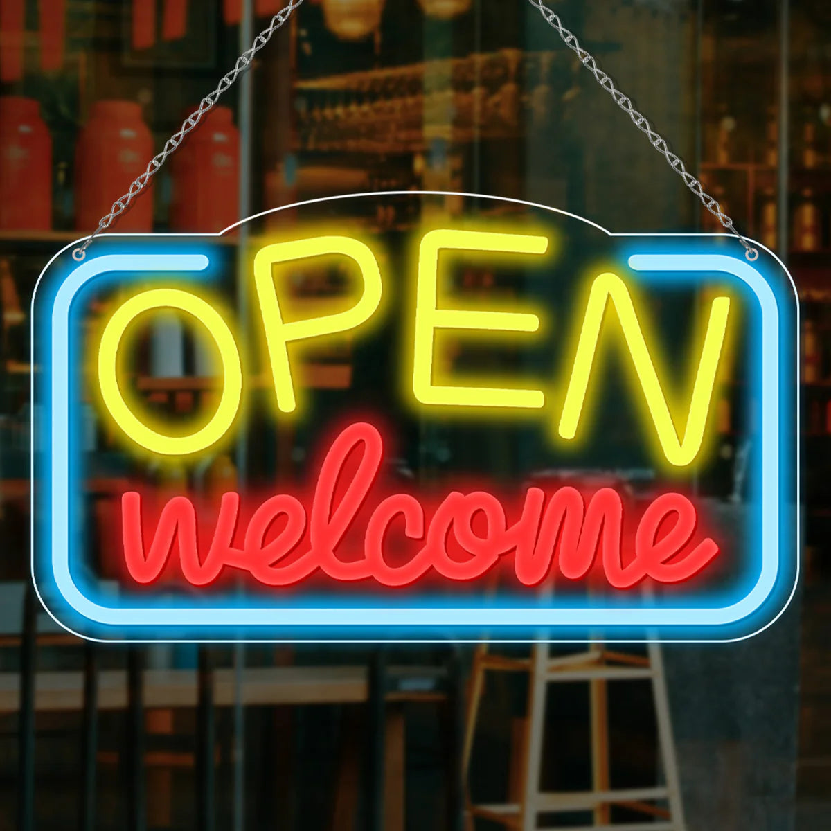 OPEN Welcome Silicone LED shop signs – USB Powered 16.9×9.4 inch 2 Options LED Light Cafes Restaurants & Retail Shops