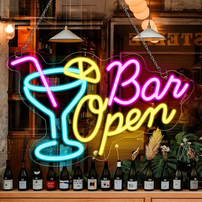 BAR OPEN Silicone LED Shop Sign – 16.5×10.6 Inch 5V USB Powered Dimmable LED Window Hanging Sign + Pink + Yellow Glow Cocktail Glass Design Accessories Included Bars Cafes Restaurants & Commercial Spaces