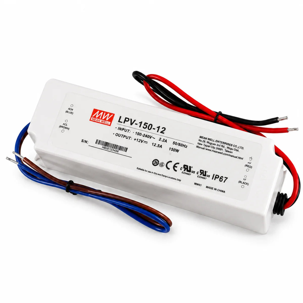 MEANWELL LPV Series 150W IP67 Waterproof Switching Power Supply, 12V/24V DC Output, AC90-264V Input, UL/CE Certified, Plastic Housing, Outdoor Power Supply