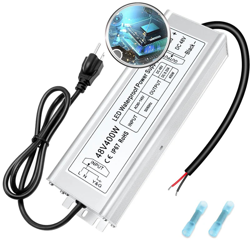 48V IP67 Waterproof LED Power Supply – 100W–400W Constant Voltage Transformer, 175–265V AC Input, Single Output SMPS, CE/RoHS/FCC Certified, UK/EU Plug & Wire Lead Options