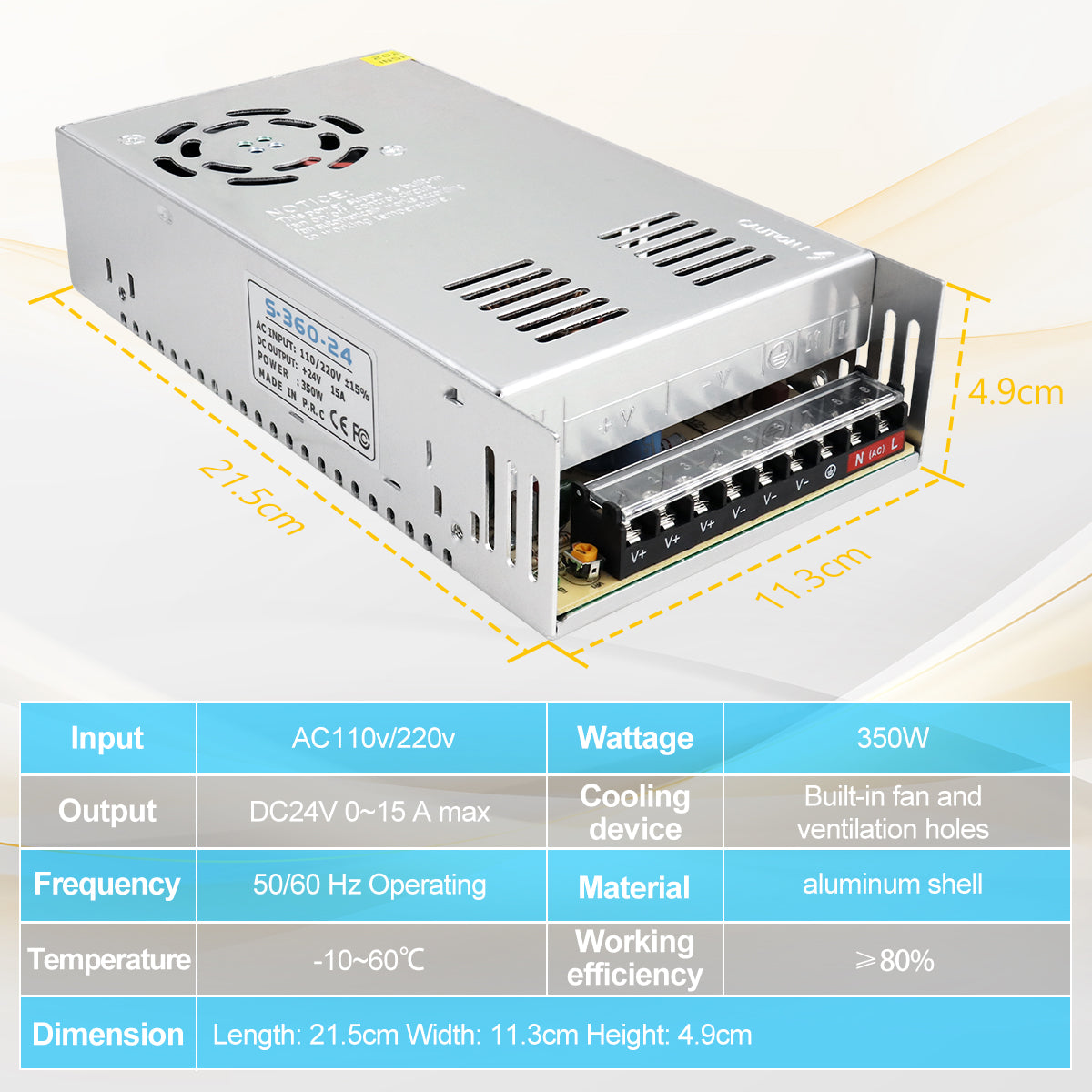 DC 24V LED Switching Power Supply 350W–600W, AC 110/220V Input, High Power LED Driver Transformer, Cooling Fan Metal Case, CE/FCC/RoHS Certified