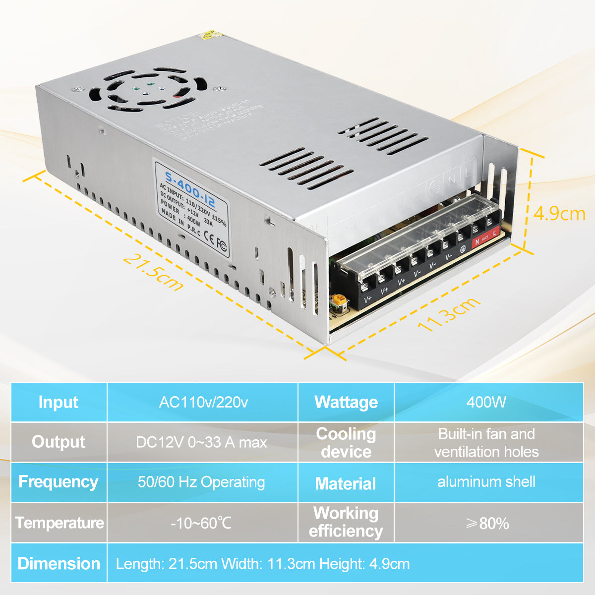 DC 12V LED Switching Power Supply 350W–600W, AC 110/220V Input, High Power LED Driver Transformer, Cooling Fan Metal Case, CE/FCC/RoHS Certified