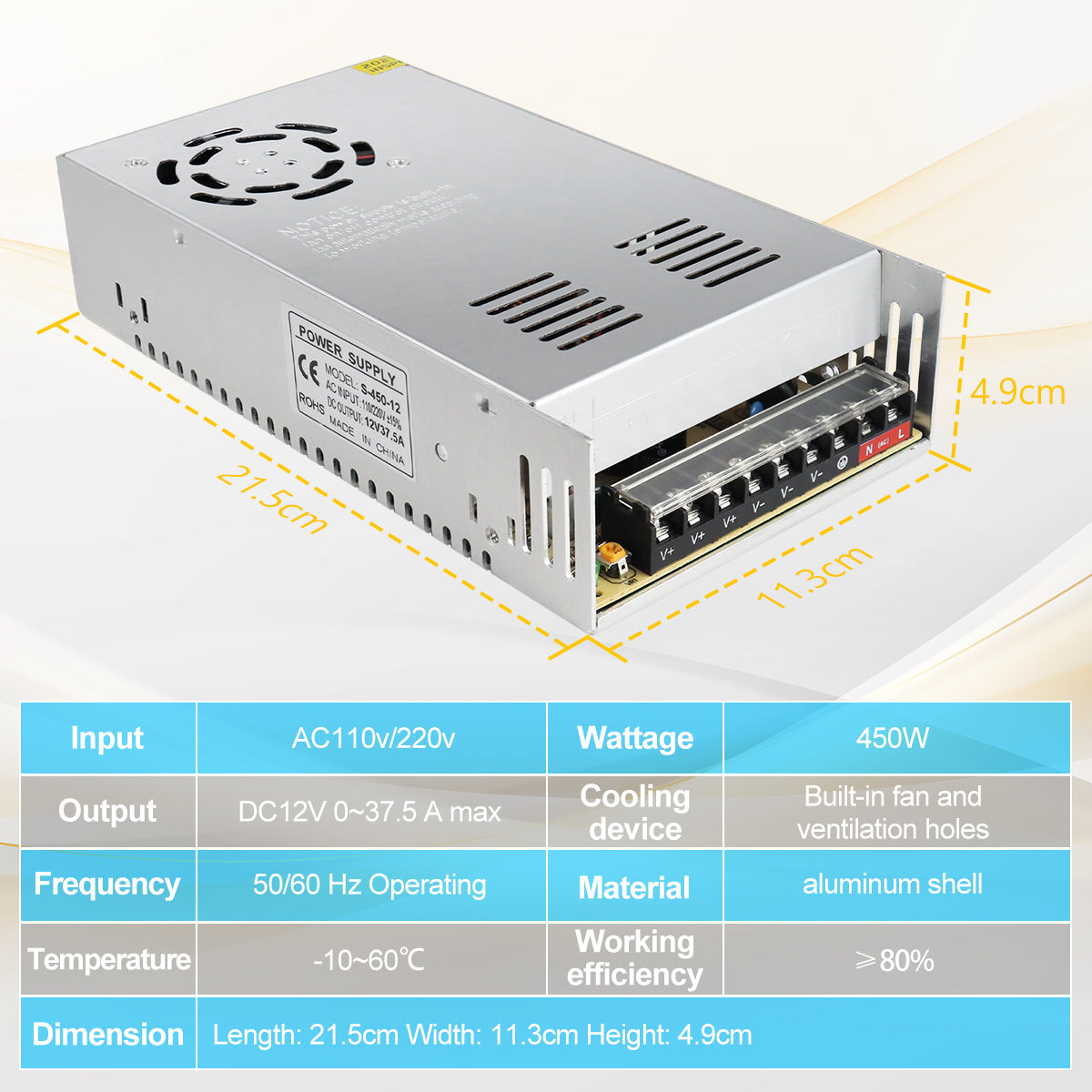 DC 12V LED Switching Power Supply 350W–600W, AC 110/220V Input, High Power LED Driver Transformer, Cooling Fan Metal Case, CE/FCC/RoHS Certified