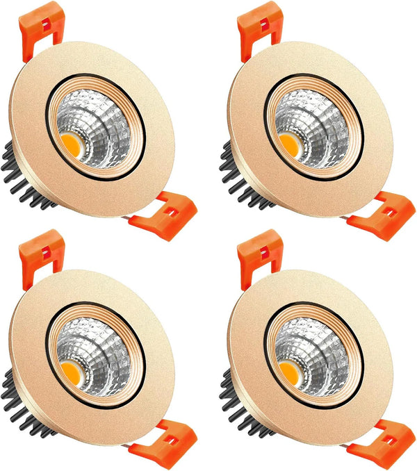 3W/5W/9W COB LED Downlight, 2700–6000K, Gold Housing, TRIAC Dimmable, 100–130V / 200–240V, 4 Pack for Home & Living Spaces