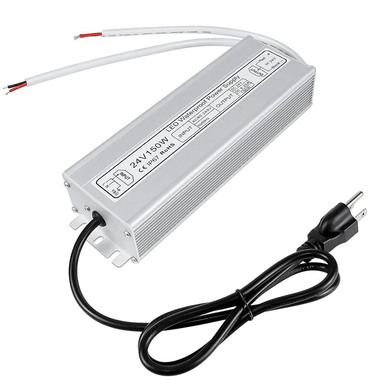 24V Waterproof LED Power Supply – 30W–300W Outdoor LED Driver, 90–265V AC Input, Single or Dual Wire Output, CE/RoHS/FCC Certified, US/UK/EU Plug & Wire Lead Options