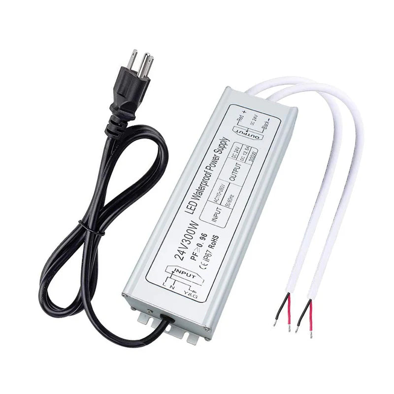 24V Waterproof LED Power Supply – 30W–300W Outdoor LED Driver, 90–265V AC Input, Single or Dual Wire Output, CE/RoHS/FCC Certified, US/UK/EU Plug & Wire Lead Options