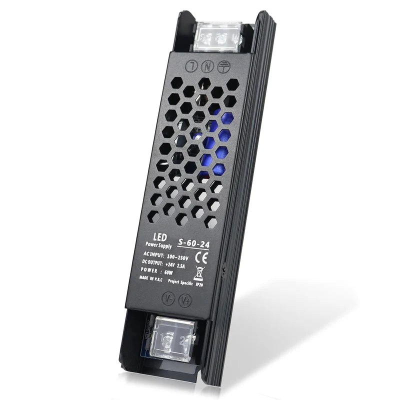 Slim Black DC 12V/24V 36W–200W Switching Power Supply, AC 110–250V Input, Narrow Type LED Transformer, Compact Metal Housing, CE/FCC/RoHS Certified