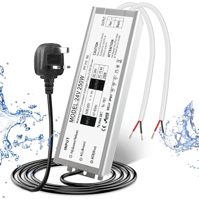 24V Waterproof LED Power Supply – 30W–300W Outdoor LED Driver, 90–265V AC Input, Single or Dual Wire Output, CE/RoHS/FCC Certified, US/UK/EU Plug & Wire Lead Options