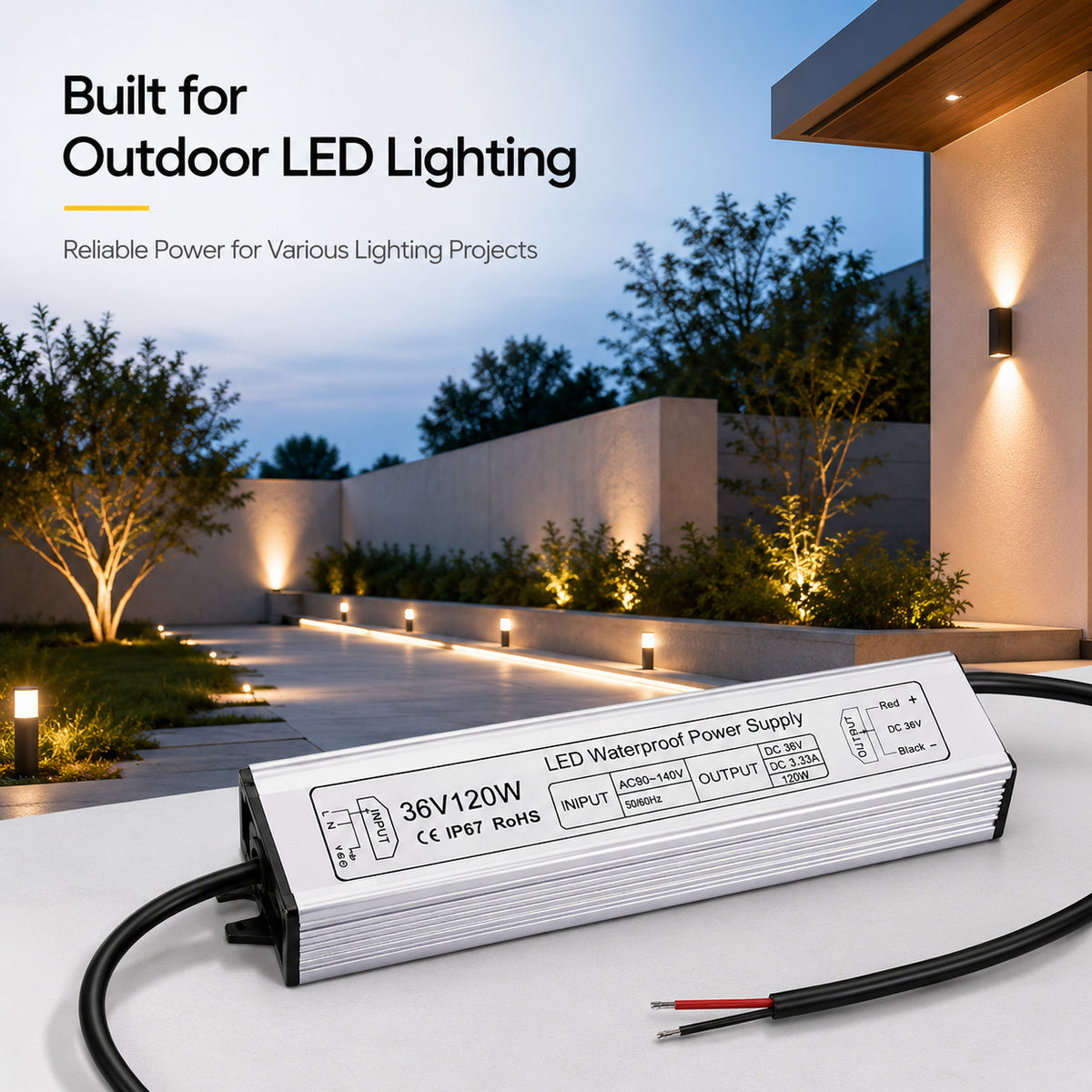 120W 36V/48V Waterproof LED Power Supply, 175-265V Input, Single Output, Aluminum Housing, Outdoor LED Lighting Driver, CE/RoHS/FCC Certified, UK/EU Plug